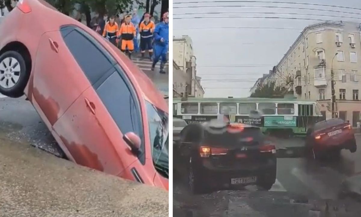 В центре города в аварии. Ижевск провалилась машина. Автомобиль провалился под асфальт. Провалилась машина под асфальт Хабаровск. Провал машины в Ижевске.