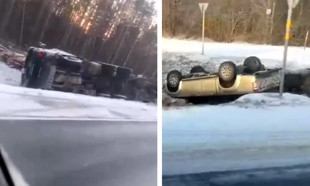 На заснеженной трассе в Карелии перевернулись лесовоз и автомобиль