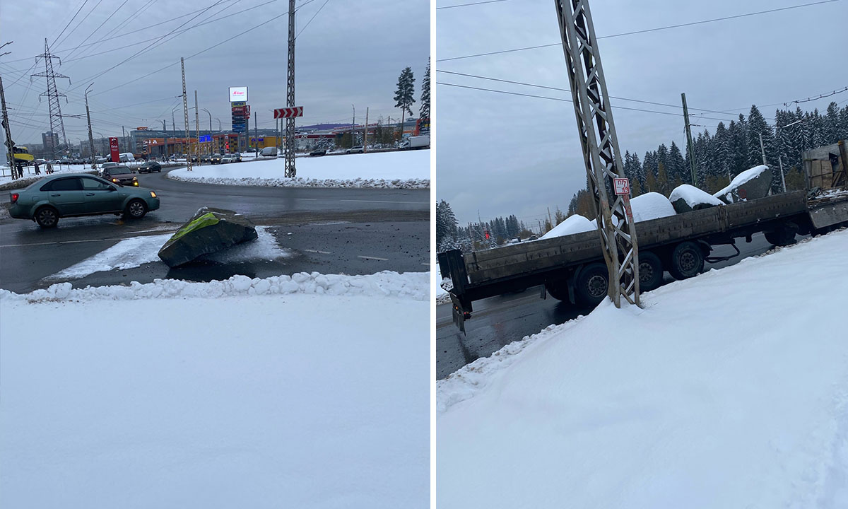 В Петрозаводске огромный камень выпал из фуры