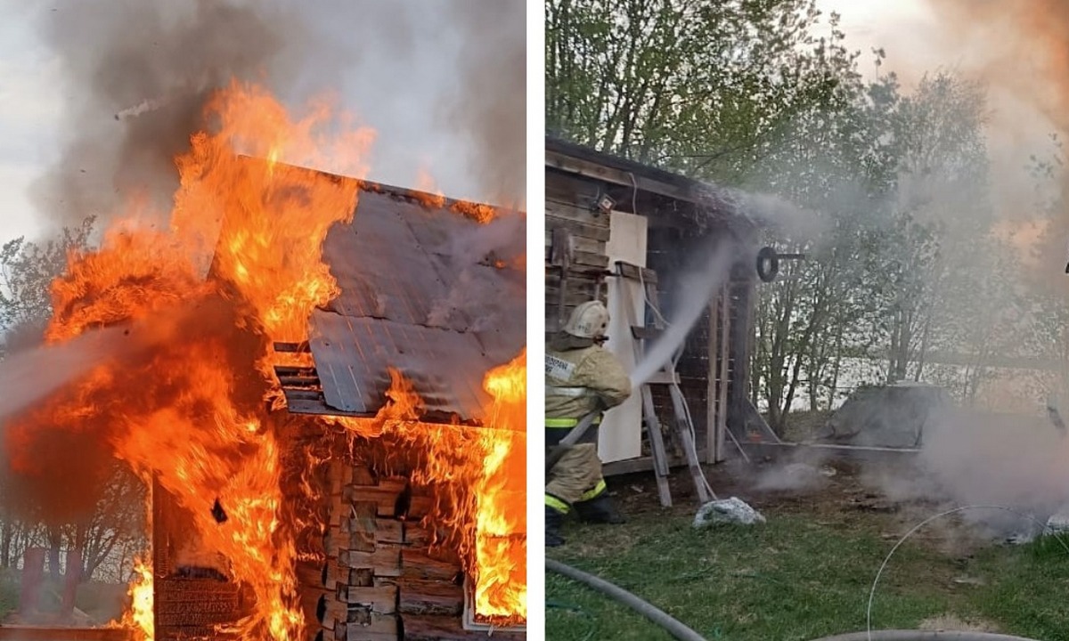Сильный пожар вспыхнул во дворе дома в Карелии