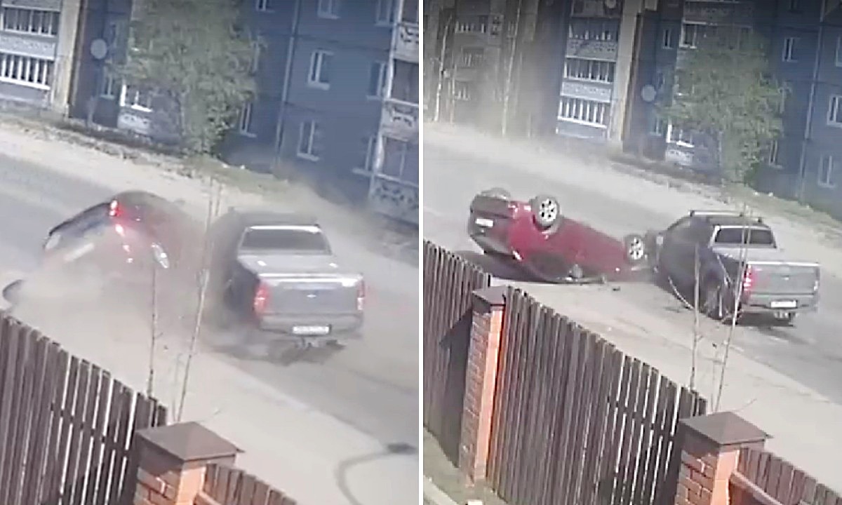 Появилось видео, как автомобиль лег на крышу в Петрозаводске