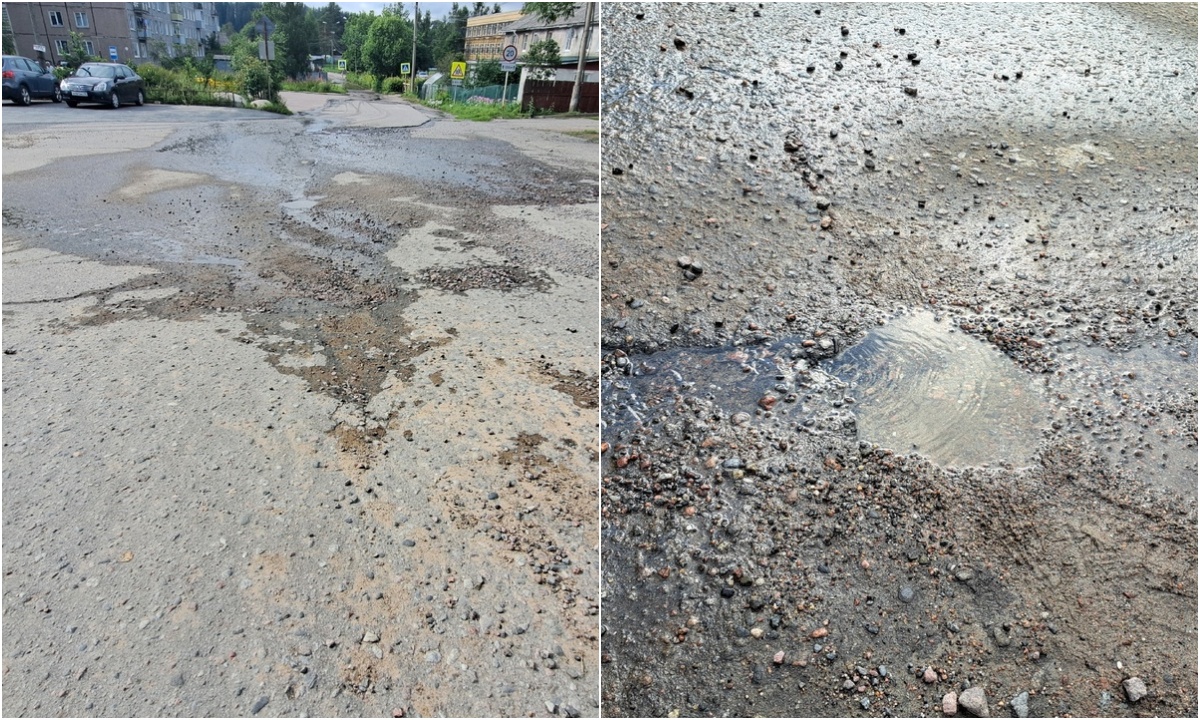 В карельском городе на дороге неделю бьет «родник» из-за протечки водопровода