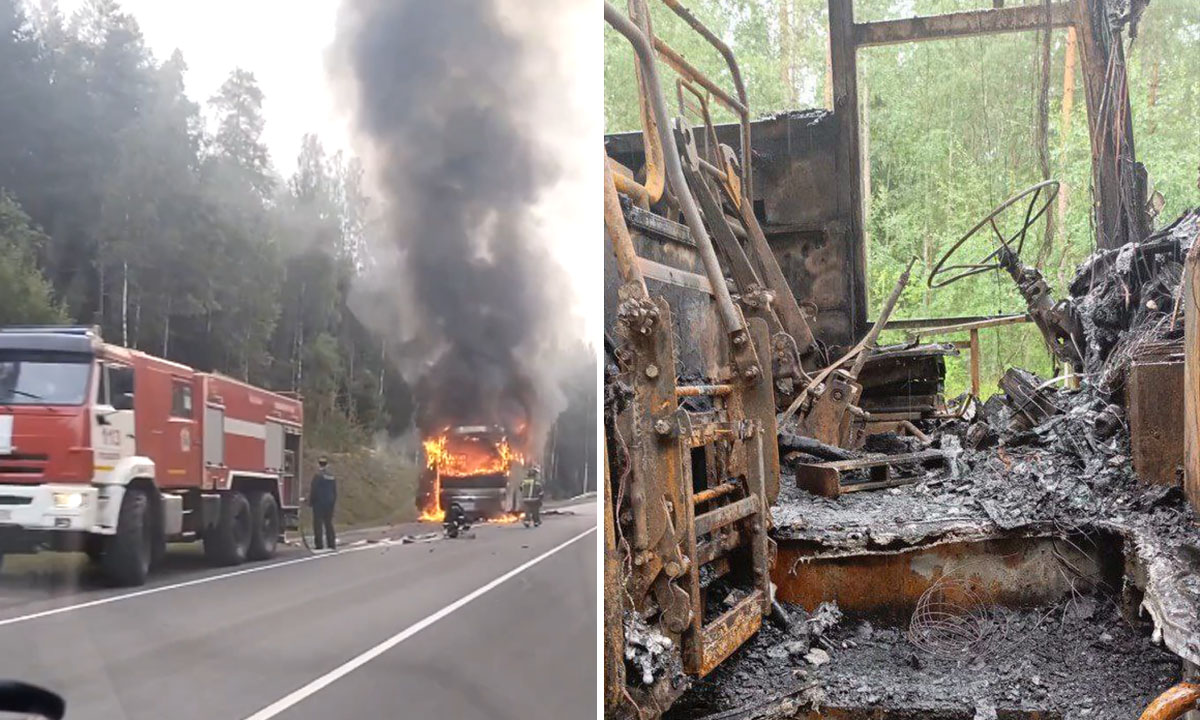 На трассе «Сортавала» пассажирский автобус сгорел дотла