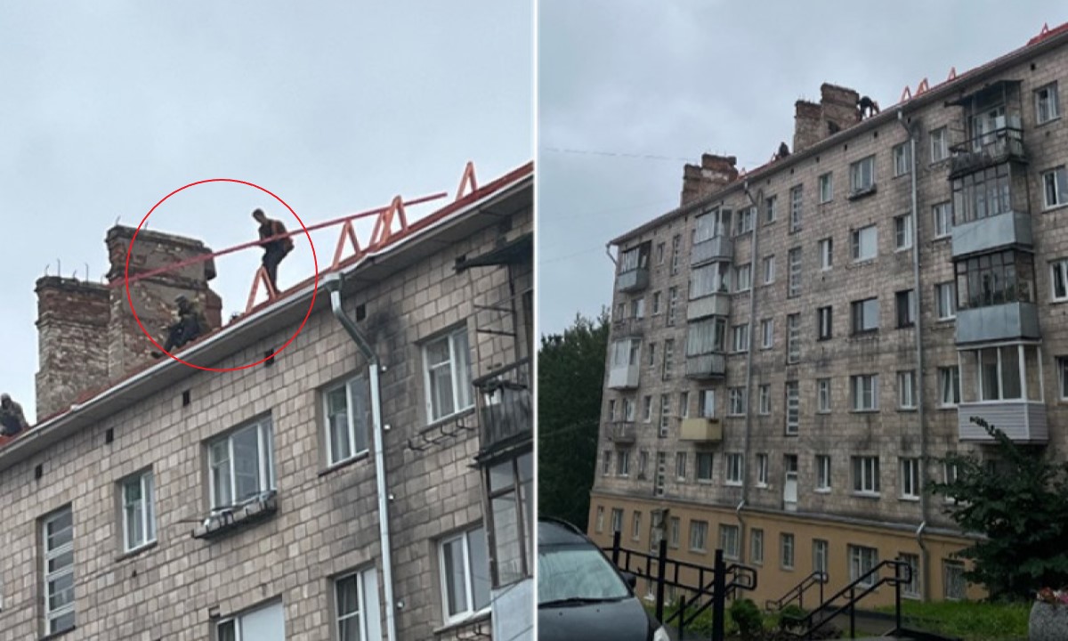 В Петрозаводске рабочие ремонтируют крышу без страховки