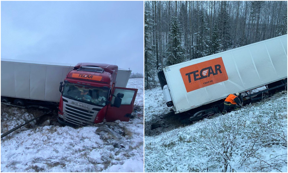 Фура улетела в кювет на трассе Карелии
