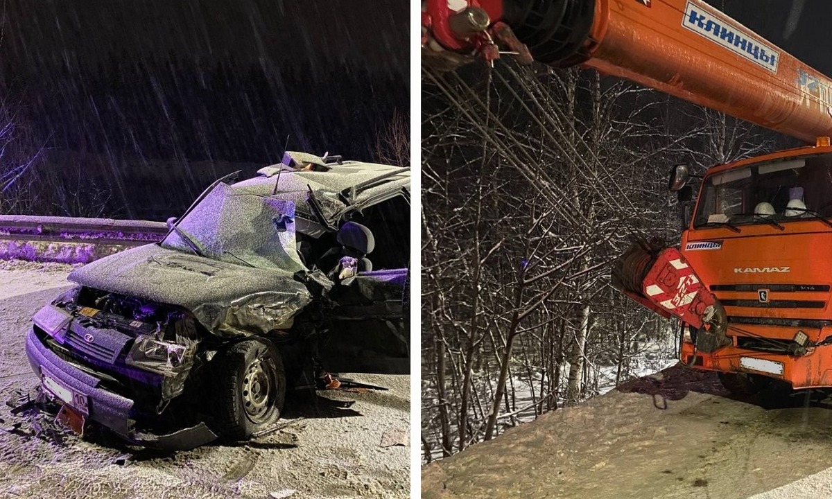 Жесткая авария в Карелии: машина столкнулась с автовышкой