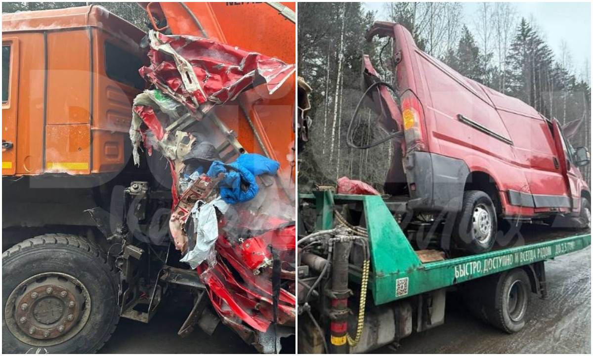 Появились жуткие фото аварии под Петрозаводском: микроавтобус намотало на КамАЗ