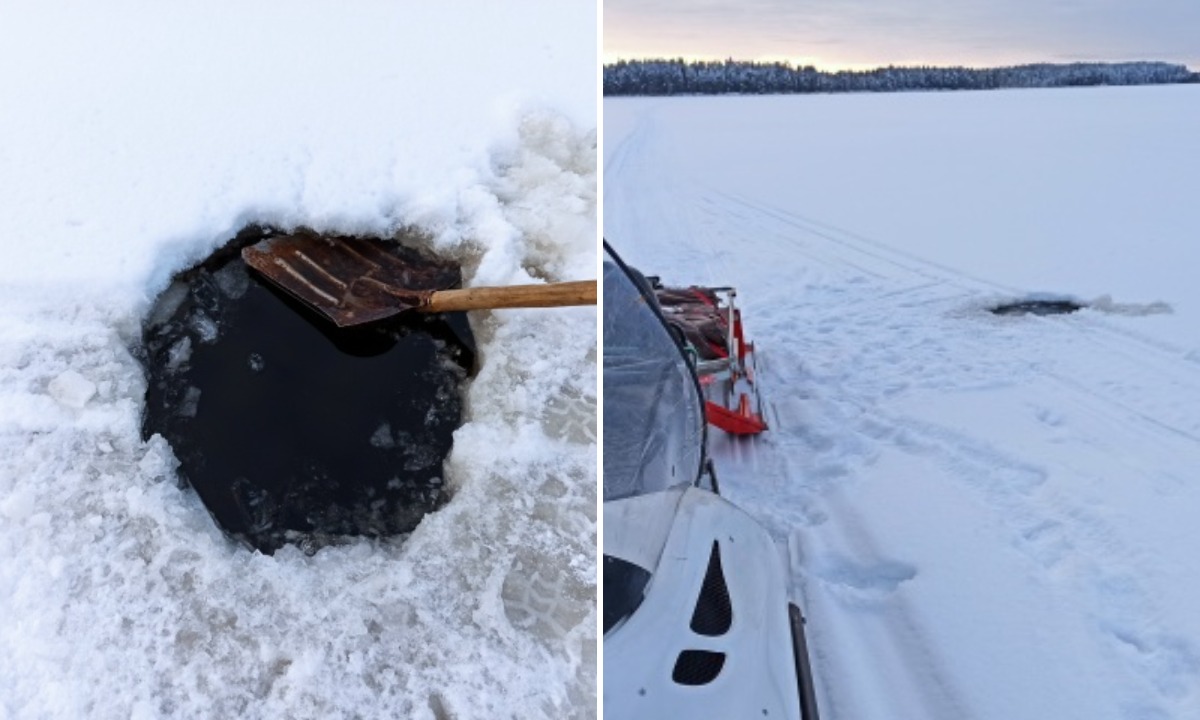 В Карелии опасная трещина образовалась рядом с лыжней и снегоходной дорогой на озере