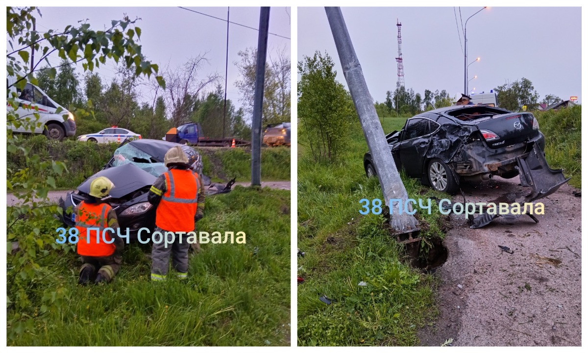 В Карелии машина с финскими номерами ночью влетела в столб