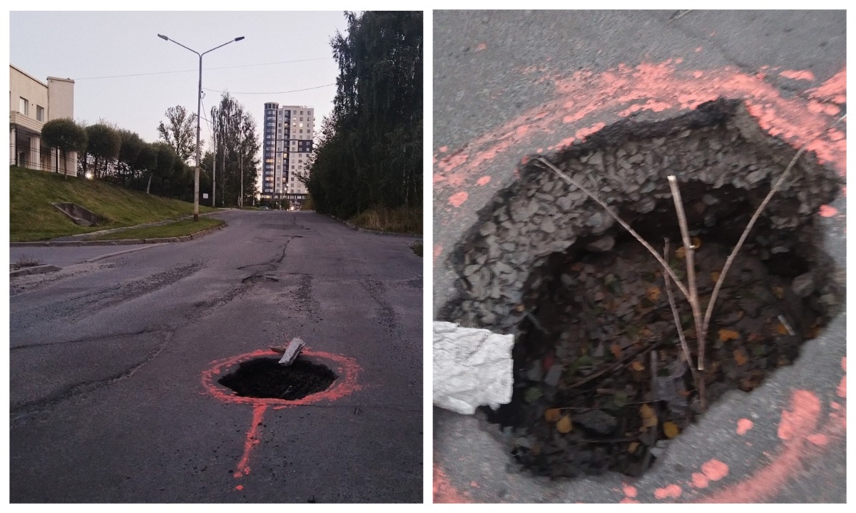 В Петрозаводске глубокую яму на дороге обвели краской вместо ремонта
